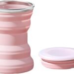 Portable Folding Silicone Water Cup, 320ml Outdoor Heat Resistant Foldable Mug with Lid Collapsible Travel Drinking Cups, Coffee Cup with Lid for Travel, Hiking Outdoors (Pink)