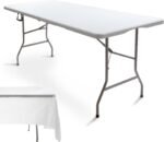 6FT Folding Picnic Table Portable Fold-in-Half Plastic Dining Picnic Party Table with Tablecloth, White