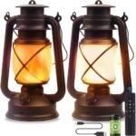 Lantern LED Battery Powered Camping Lamp Outdoor Hanging Lantern Flickering Flame Rechargeable Retro Lanterns Remote Control 4 Modes Light Non-Solar 2 Pack