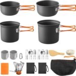 15PCS Portable Camping Cooking Set with Stove Top, Non-Stick Camping Pots and Pans Set, Lightweight Stackable Pot Pan Bowls Soup Spoon with Storage Bag for Camping, Outdoor Cooking