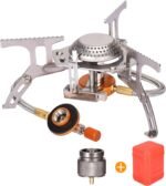 Portable Camping Gas Stove with 1 Propane Tank Adapter, Foldable Camp Stove Backpacking Stove with Piezo Ignition for Outdoor Hiking Cooking Burner