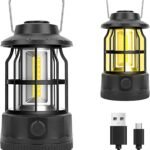 Camping Lantern Rechargeable USB Powered, Stepless Dimmer, Metal Retro Camping Light Waterproof Hanging LED Vintage Tent Lamp for Outdoor Hiking Fishing Emergency (Black)