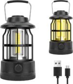 Camping Lantern Rechargeable USB Powered, Stepless Dimmer, Metal Retro Camping Light Waterproof Hanging LED Vintage Tent Lamp for Outdoor Hiking Fishing Emergency (Black)