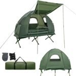 Tent Cot for Camping, All-in-1 Folding Tent Combo w/Air Mattress, 2 Sleeping Bags, Carry Bag & Foot Pump, Off Ground Travel Cot for Hiking, Backpacking, Fishing & Picnic
