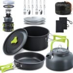 16pcs Camping Cookware Mess Kit, Non-Stick Lightweight Pot Pan Kettle Set with Stainless Steel Plates Forks Knives Spoons, Portable Camping Cooking Set for Outdoor Backpacking Hiking Picnic